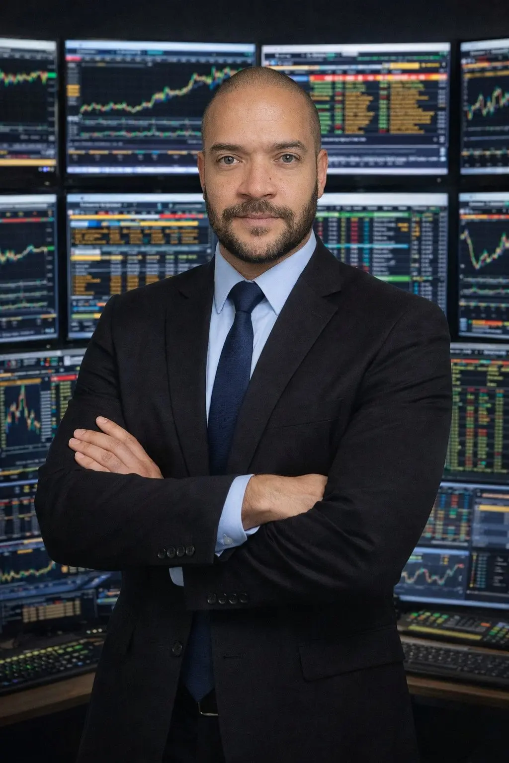 Daniel Barros Lima em frente a monitores do mercado financeiro